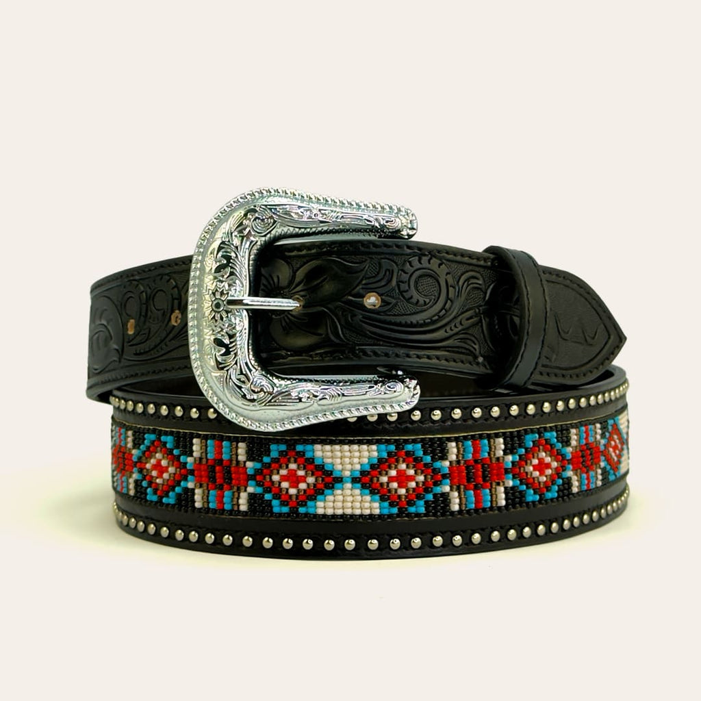 Cinto Masculino Texas Center Couro com Miçangas e Tachas Fivela de Metal Prateada Trabalhada 7336