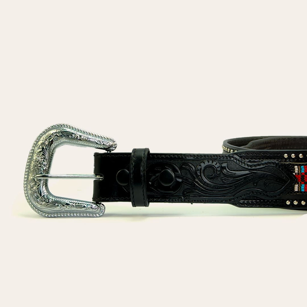 Cinto Masculino Texas Center Couro com Miçangas e Tachas Fivela de Metal Prateada Trabalhada 7336