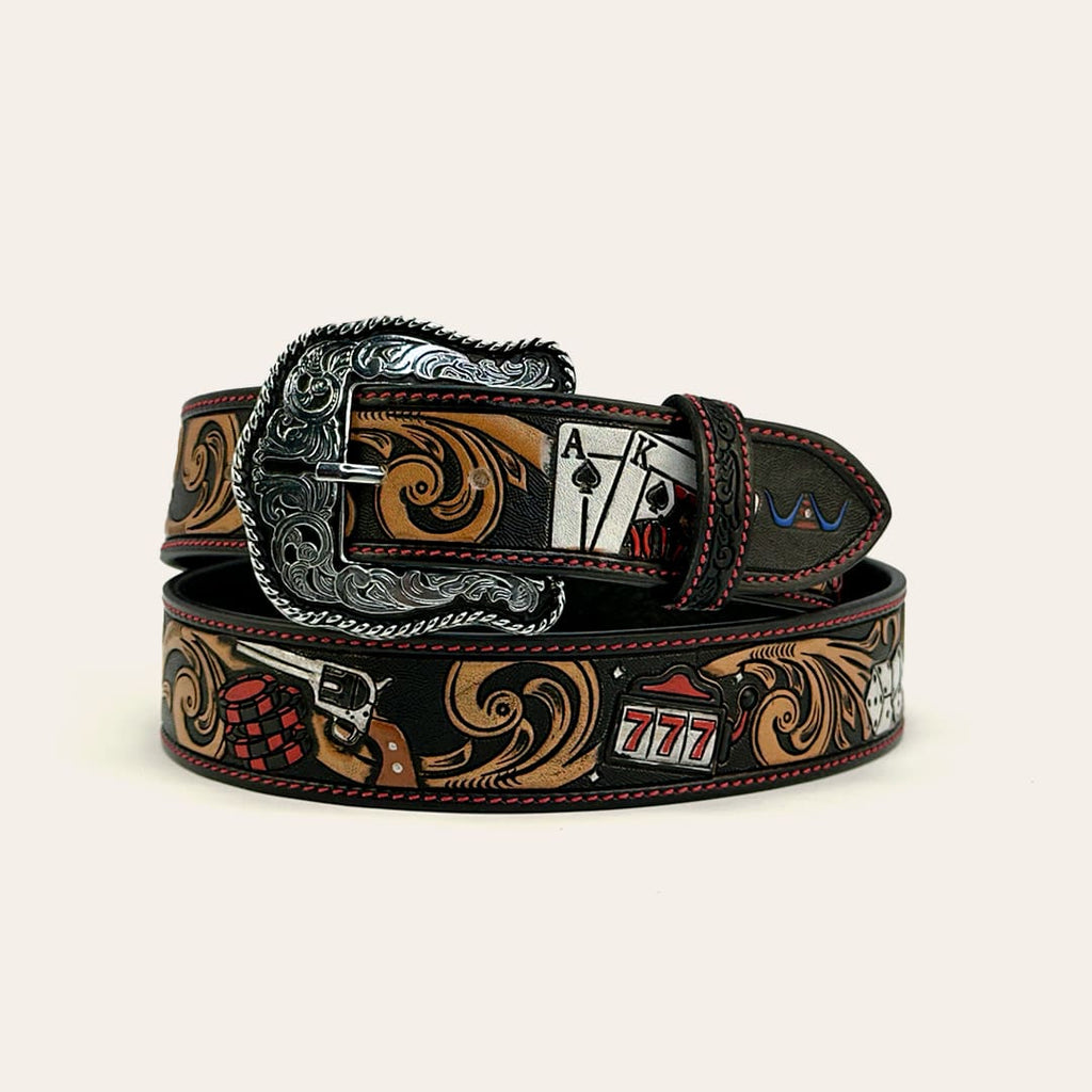 Cinto Masculino Texas Center Preto Cassino Pintura Manual Costura Vermelha 6767