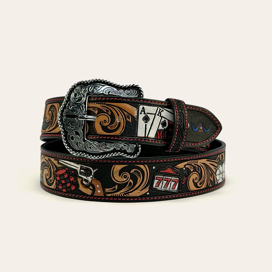 Cinto Masculino Texas Center Preto Cassino Pintura Manual Costura Vermelha 6767