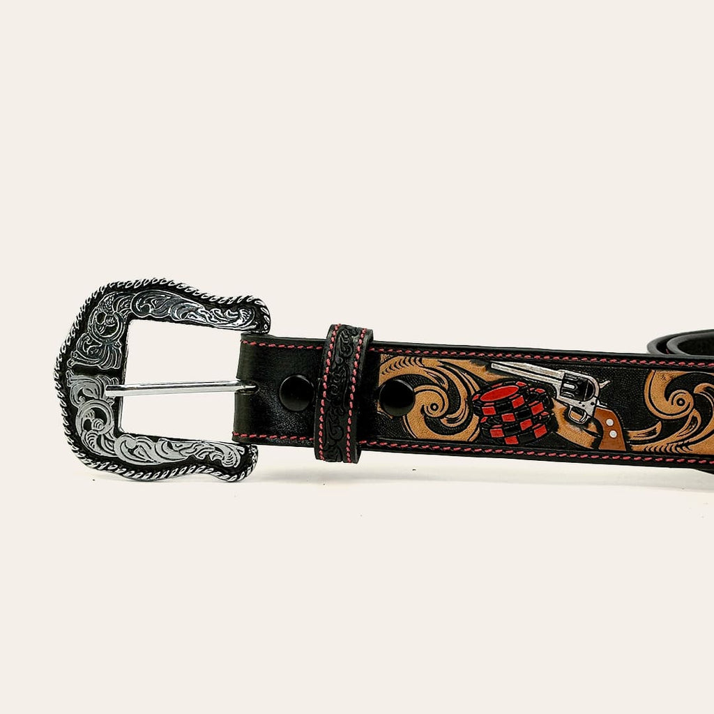 Cinto Masculino Texas Center Preto Cassino Pintura Manual Costura Vermelha 6767