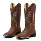 BOTA TEXANA – COURO HORSE NESCAU BORDADO FLORÊNCIA PRETO, BRANCO E BEGE