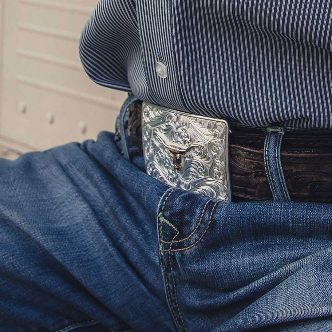 Fivela Iconic Western Longhorn Silver Belt Buckle