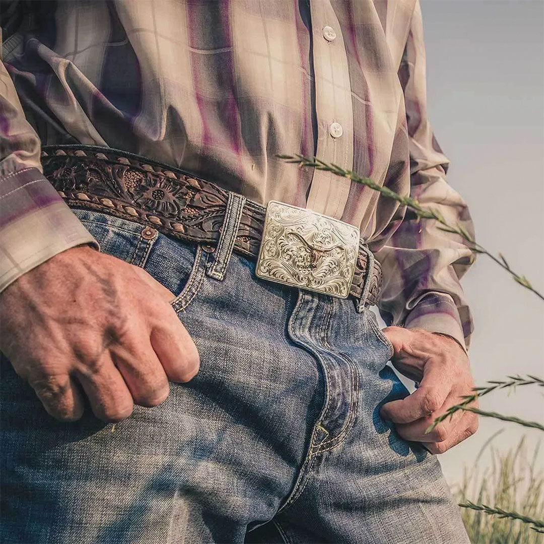 Fivela Iconic Western Longhorn Silver Belt Buckle