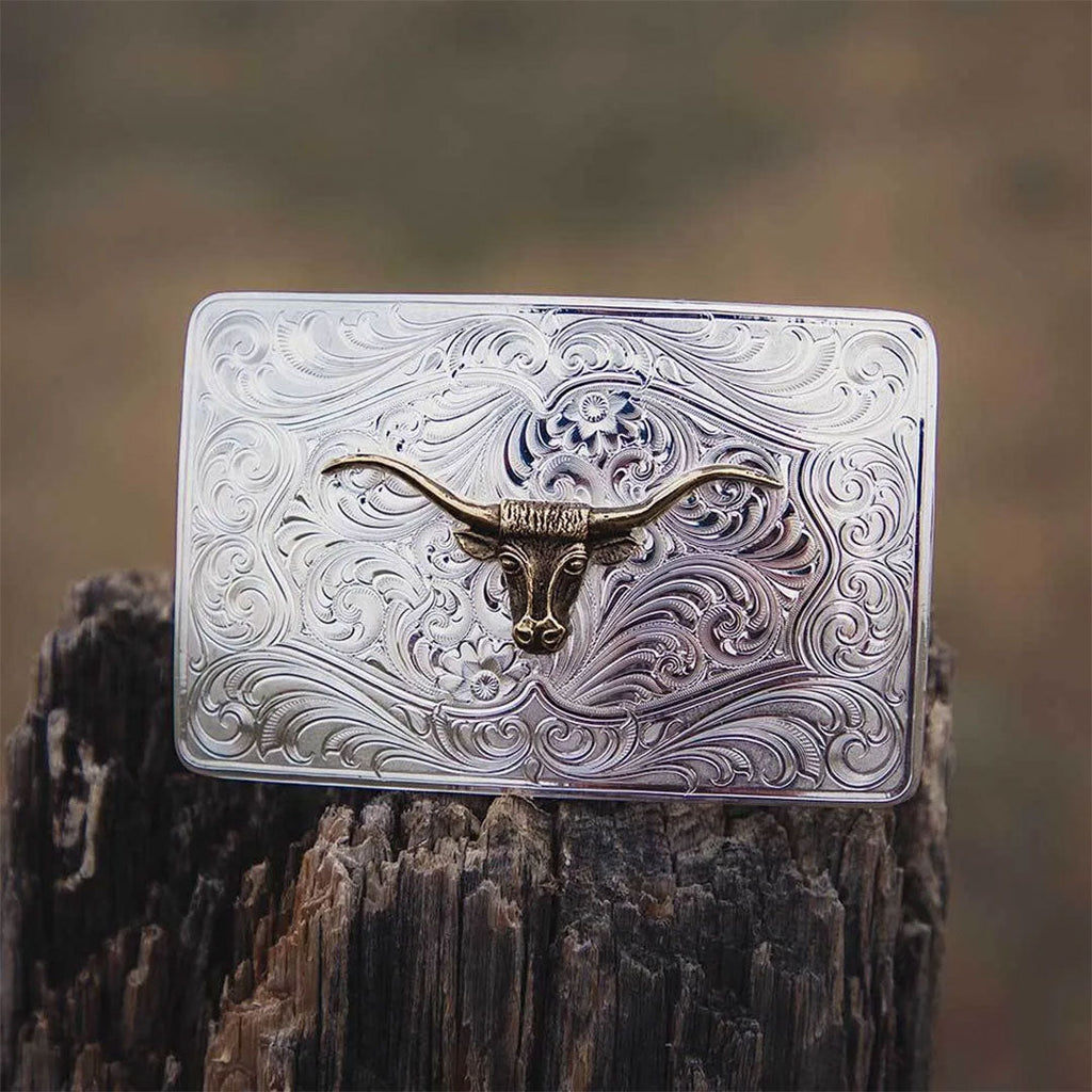 Fivela Iconic Western Longhorn Silver Belt Buckle