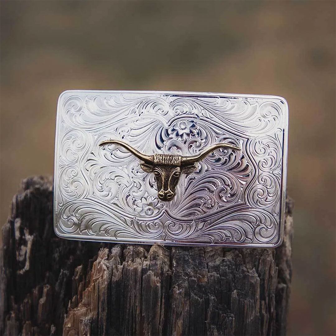 Fivela Iconic Western Longhorn Silver Belt Buckle